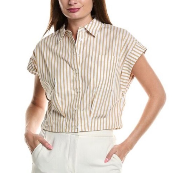 She + Sky Cotton Blend Striped Tan & White Short Sleeve Button-Up Top Cropped - Picture 1 of 9